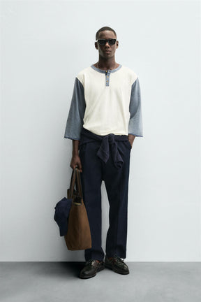 COLOUR BLOCK HENLEY T-SHIRT - Image 1