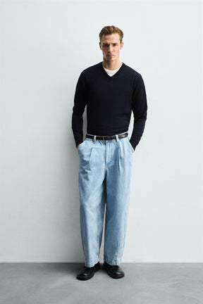 WIDE-LEG PLEATED DENIM CHINO TROUSERS - Image 1