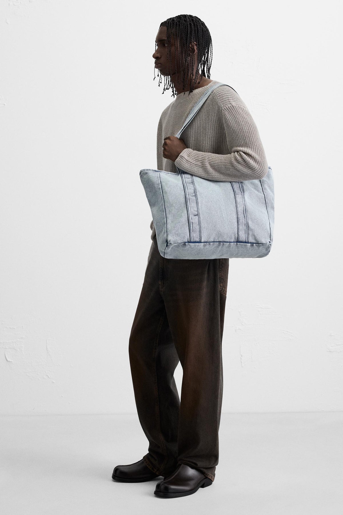 WASHED-EFFECT DENIM TOTE BAG - Image 1